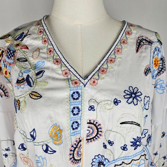 Liv Los Angeles Top Large White Embroidered Boho Floral Turtles Birds - Picture 3 of 12